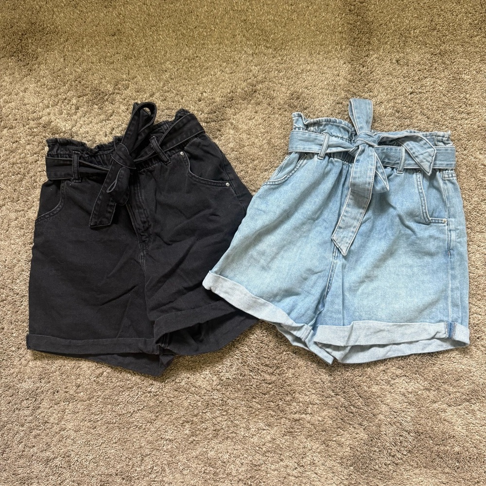 Black and Light Blue Paperbag High Waist Shorts | Size US 6